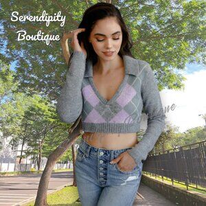 Lavender & Grey Argyle Soft Preppy Long Sleeve Collared V-Neck Crop Sweater